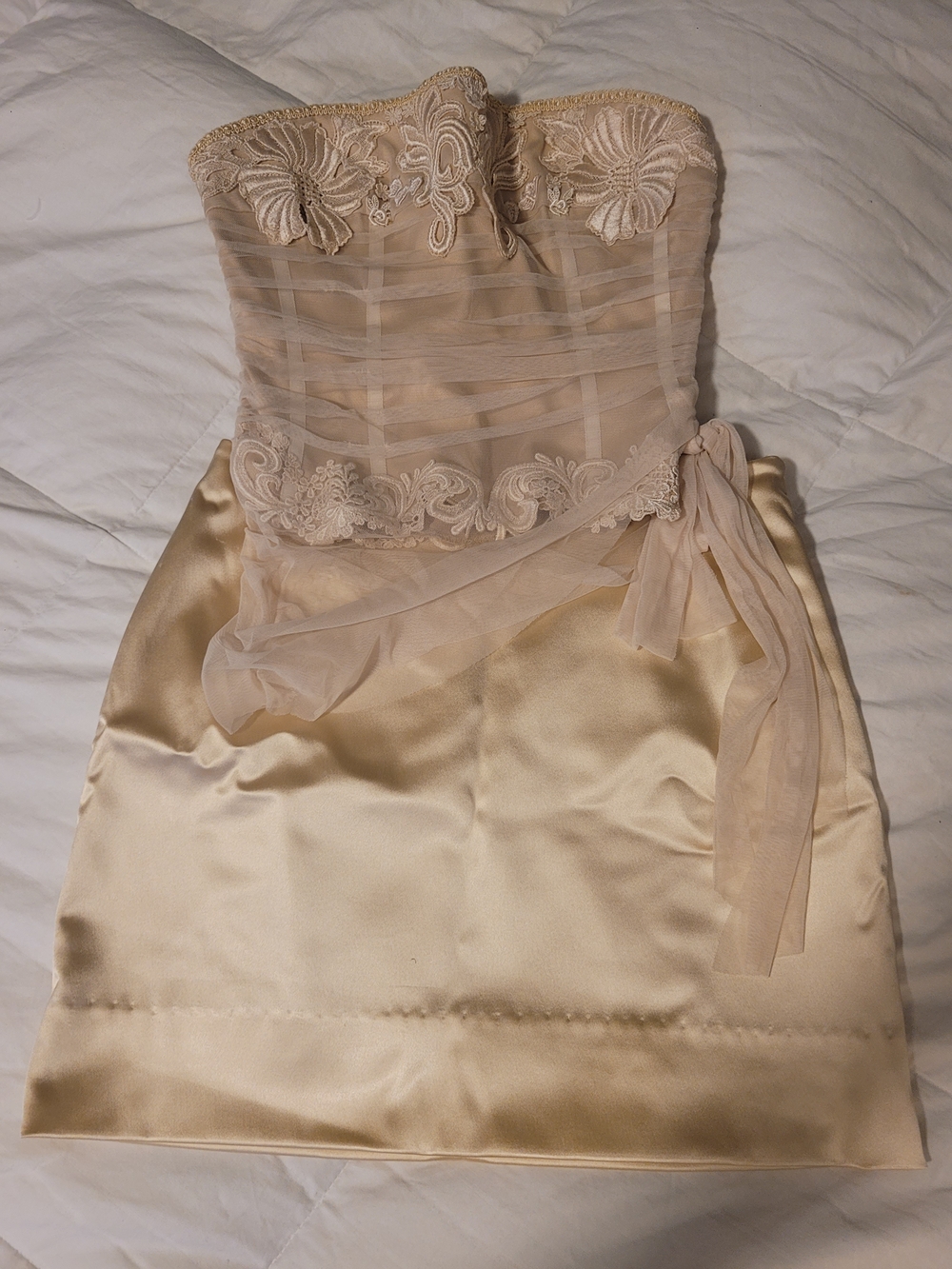 Strapless Cream Lace Bodice Wedding Dress with Satin Skirt